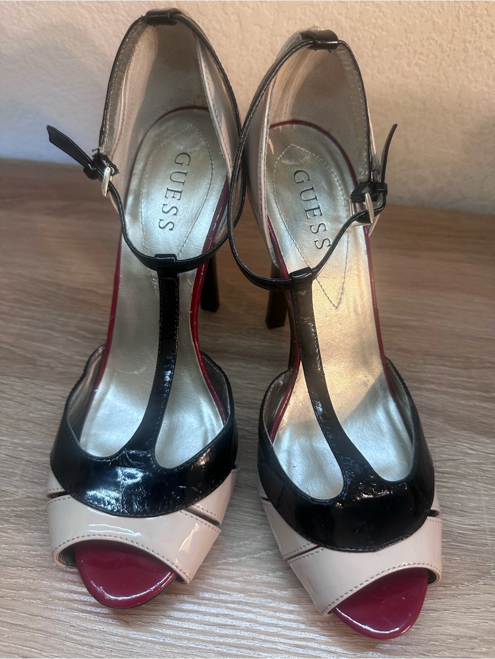 Guess Black, Cream & Red Patent T-Strap Peep-Toe Heels office siren